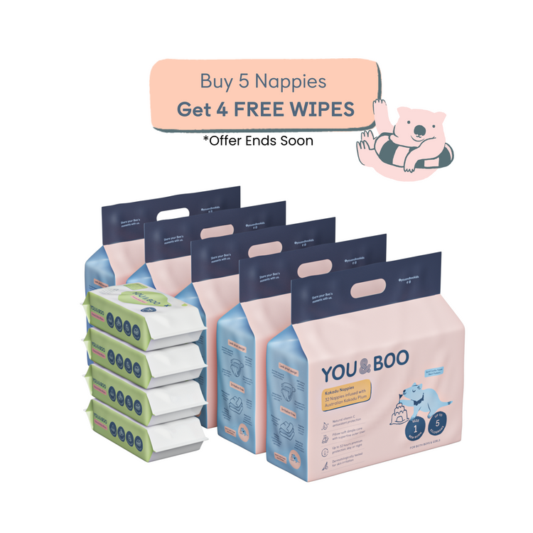 5 Packs of Nappies + 4 FREE Wipes